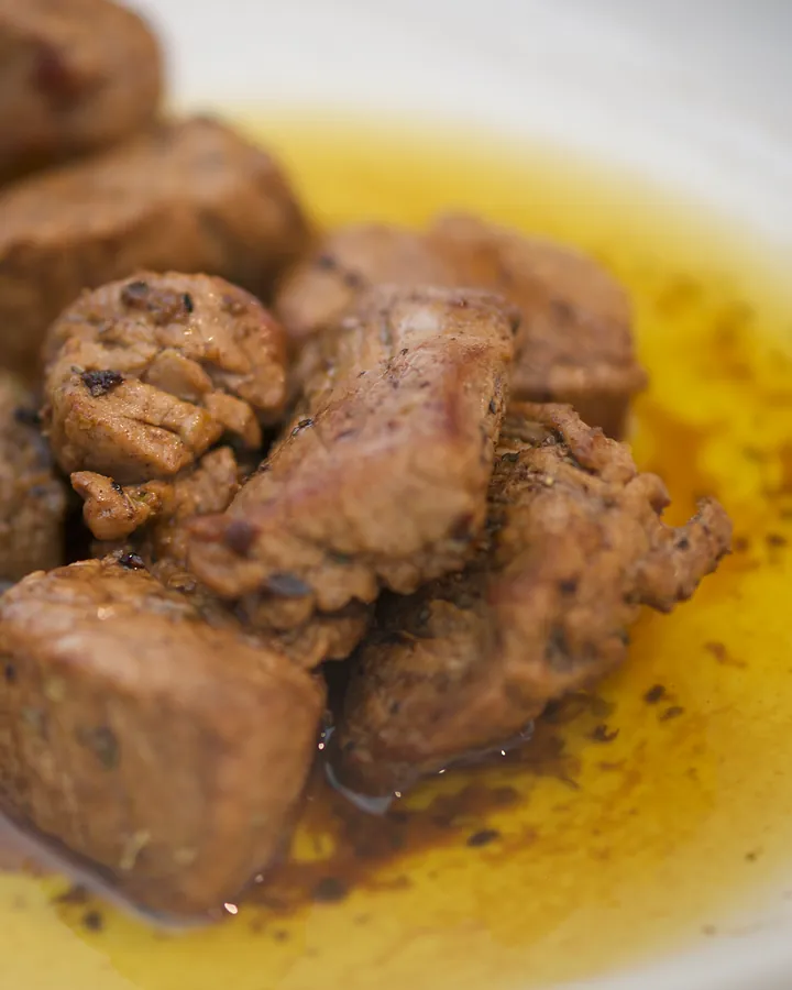Fillet suzette: seared cubes of beef fillet in a golden pan sauce